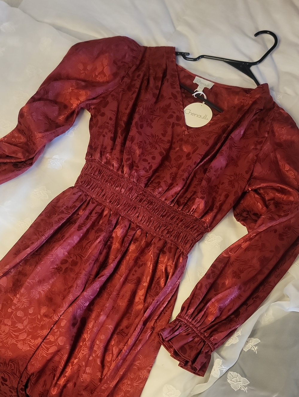 Chenault Burgundy Floral Satin Long Sleeve Dress